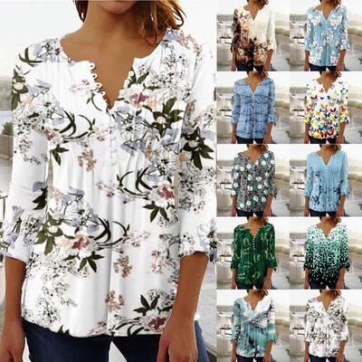 Ladies Top Floral Print V-Neck Short Sleeve Button T-Shirt