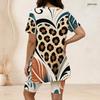 Women Plus Size Two Piece Set Wine Cup Leaf Geometric Print Round Neck Short Sleeve Split Top Knee Length Pants
