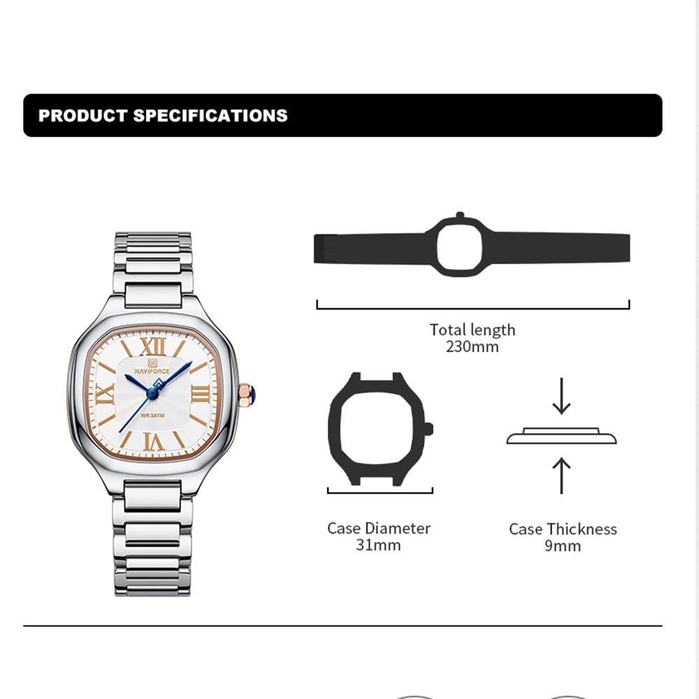 Naviforce Original Watch Women Waterpoof Stainless Steel Square Wristwatch Casual Elegant Ladies Watch Roman Numerals Dial NF5042
