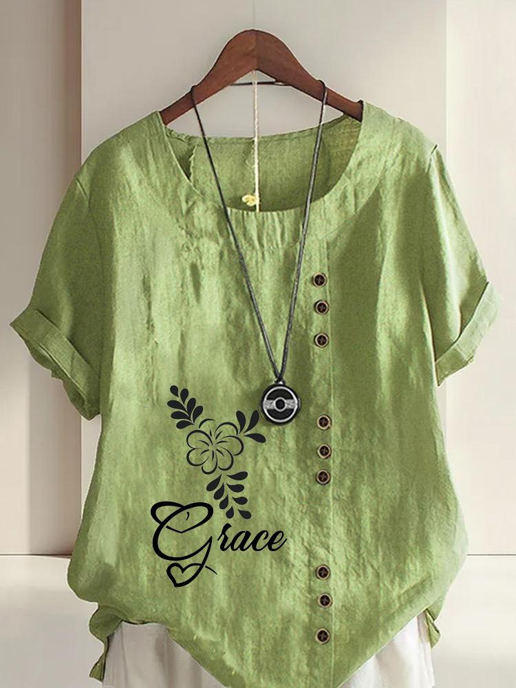 

Women s Fashion Floral Alphabet Print Round Neck Short Sleeve T-shirt Summer Casual Cotton Linen Graphic Shirt Leisure Loose Blouse Tops 5XL зелений