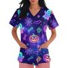 Women V Neck Halloween Print Short Sleeve Medical Scrub Top with Pocket Side Slit Design Comfortable Fit Workwear