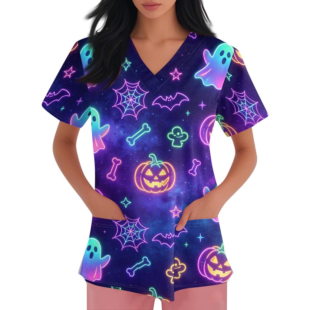 Women V Neck Halloween Print Short Sleeve Medical Scrub Top with Pocket Side Slit Design Comfortable Fit Workwear