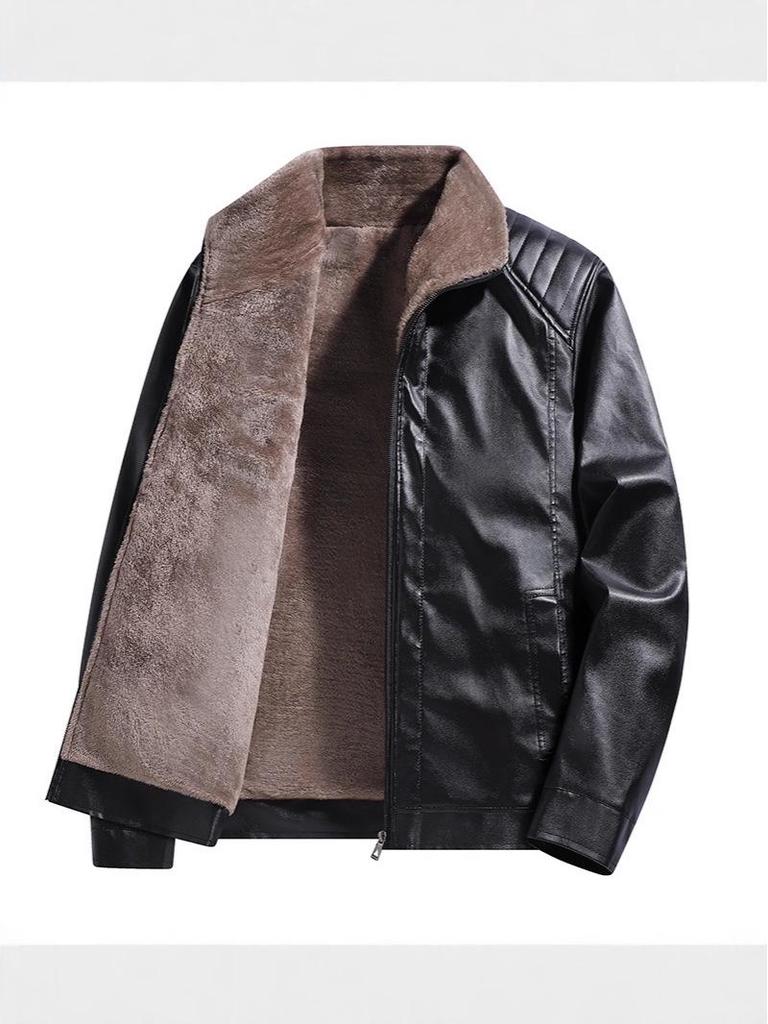 Herren Lederjacke mit dickem Fleece-Futter, Herbst/Winter 2025, Leichter Business Casual Mantel mit Karreekragen, Modisch & Vielseitig.