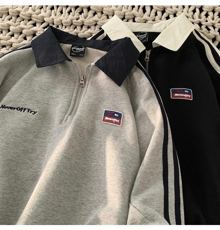 Sweat-shirt polo à demi-zip rayé gris rétro japonais pour homme - Veste à manches longues pour le printemps/l'automne