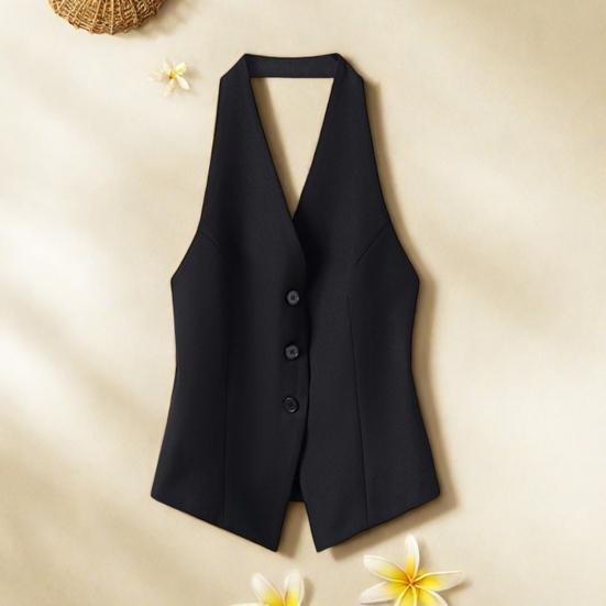 Women's Halter V Neck Suit Vest Button Down Backless Blazer Waistcoat Sleeveless