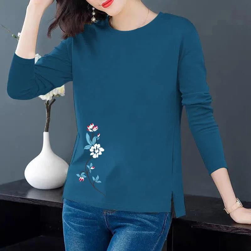 Damskie wiosenno-jesienne koszule z długim rękawem jednokolorowe Casual rozcięcie na dole koszula damska bawełniany sweter bluzki z nadrukiem kwiatowym