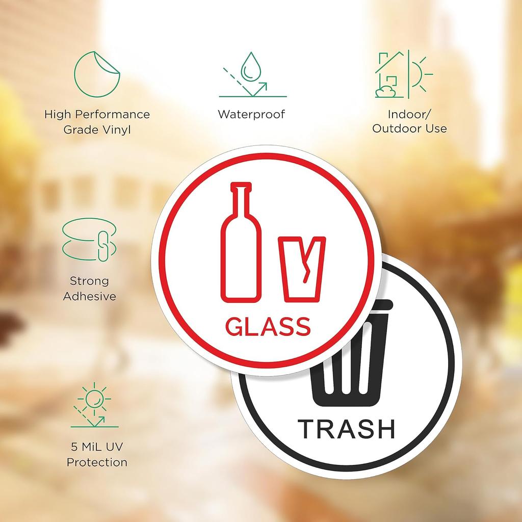 6 Pack 6" Glass, Paper, Plastic, Metal, Trash, Recycle Sign Stickers - Self-Adhesive Vinyl Decal Recycle s - Eco-Friendly Trash Can Signs - 6" -