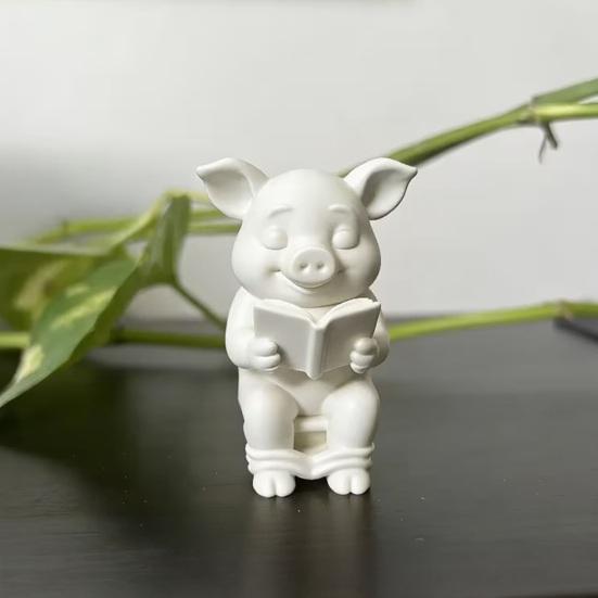 Yousheng 3D Printed Pig Statue, Mini Pig Figurine with Matte Frosted Surface, Dirt Resistant Cute Piglet Reading On Toilet