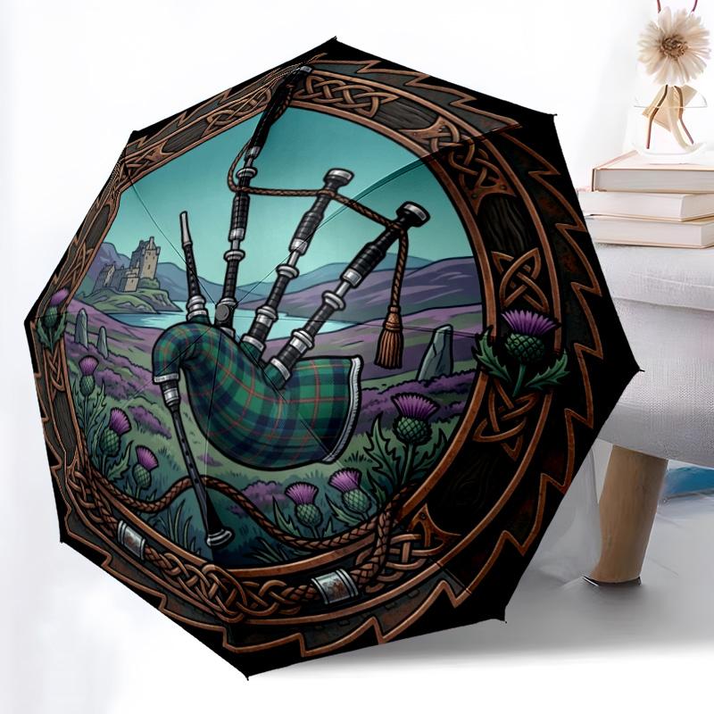 Scottish Bagpipe Landscape pattern umbrella, portable and foldable design, 8 ribs, a casual accessory for Halloween, Christmas, and birthday gifts. разноцветный