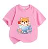Kids Boys Girls 100% Cotton Crew Neck Short Sleeve T-Shirt Cute Cartoon Shiba Inu in Teacup Sweet Dessert Print Casual Soft Summer Tees for Children