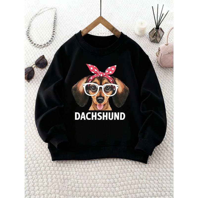 Girl's Round Neck Sweatshirt with Cartoon Dachshund Wearing Glasses and Headscarf Print, Halloween