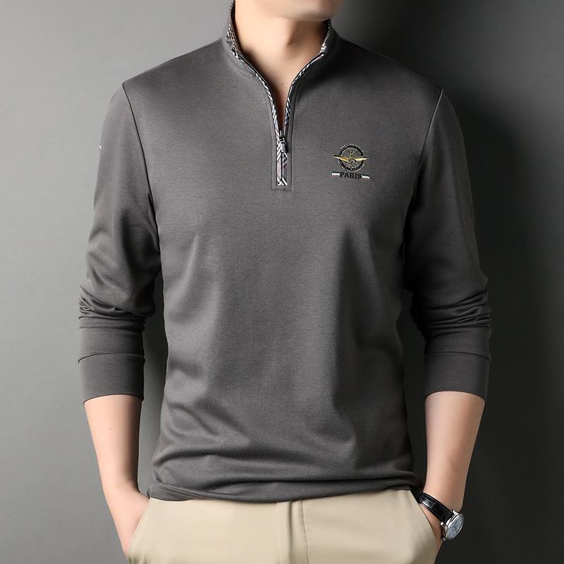 Spring New Men's Long-sleeved T-shirt, Fashionable and Casual Solid Color Stand Collar Cotton Long-sleeved T-shirt