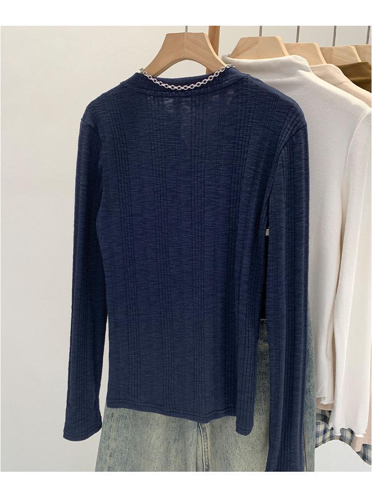T-shirt rayé à boutons-pression à manches longues pour femme, léger et professionnel, couche de base amincissante pour l'automne/l'hiver/le printemps.