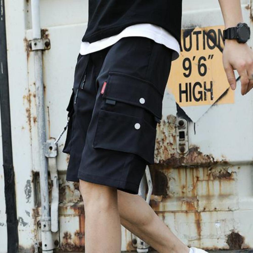 Summer Men Elastic Waistband Drawstring Shorts Multi Pockets Solid Color Straight Wide Leg Mid-rise Sport Cargo Shorts Streetwear