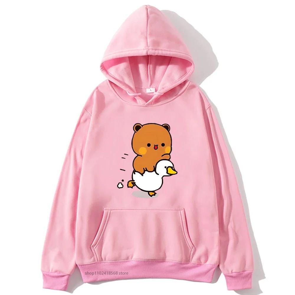 Cute Bubu and Duud Is Riding A White Duck Hoodie Panda and Brownie Bear Clothes Sweatshirts Hooded for Men Women Sudadera