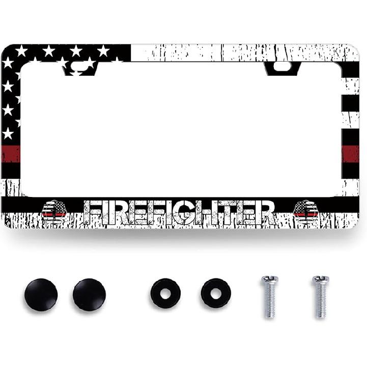 Thin Red Line License Plate Frame American Flag Firefighter License Plate Personalise Stainless Steel Funny License Plate Accessory Plate Holder Thin Red Line American Fl
