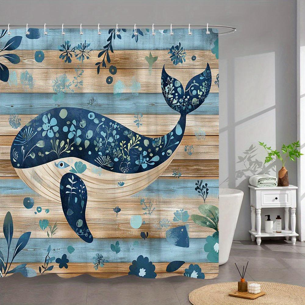 

1 шт. Цветочная китовая шторка для ванной - Темно-синий бирюзовый дизайн с морскими обитателями на фоне деревянных досок, Игривое подводное фэнтези-искусство, 90x180cm