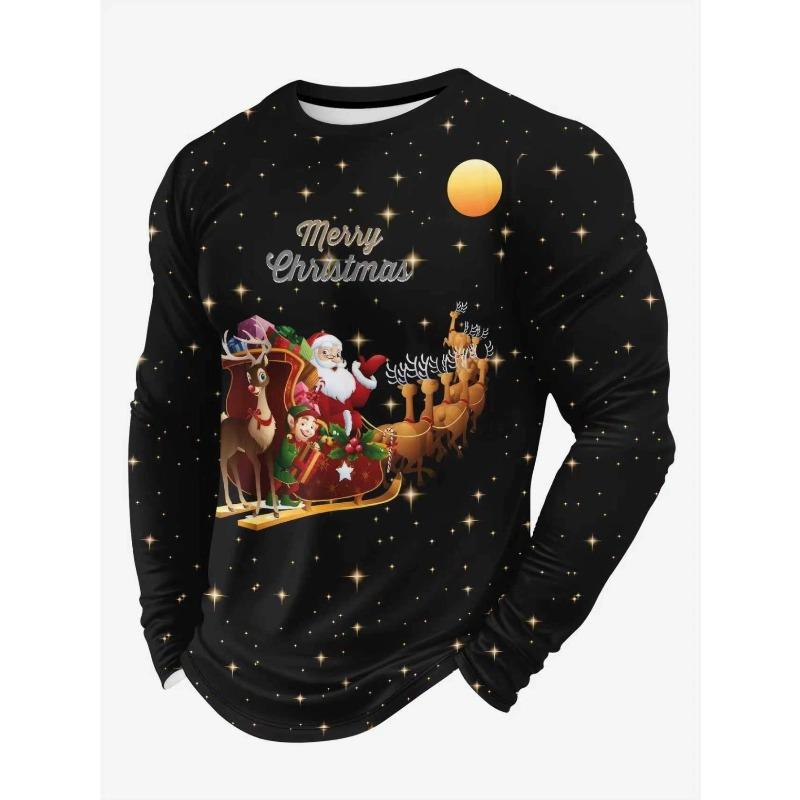 Christmas Elements Santa Claus 3D Printing Men's Spring Autumn Tops T-shirts Fashion Versatile Loose Breathable Long Sleeve O-neck T-shirt Casual