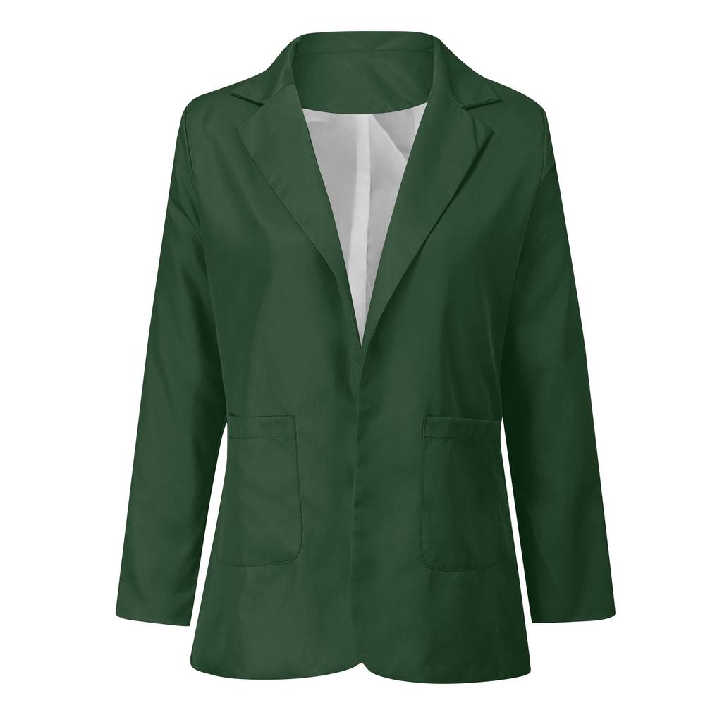 Women Solid Open Front Pockets Cardigan Formal Suit Long Sleeve Blouse Coat