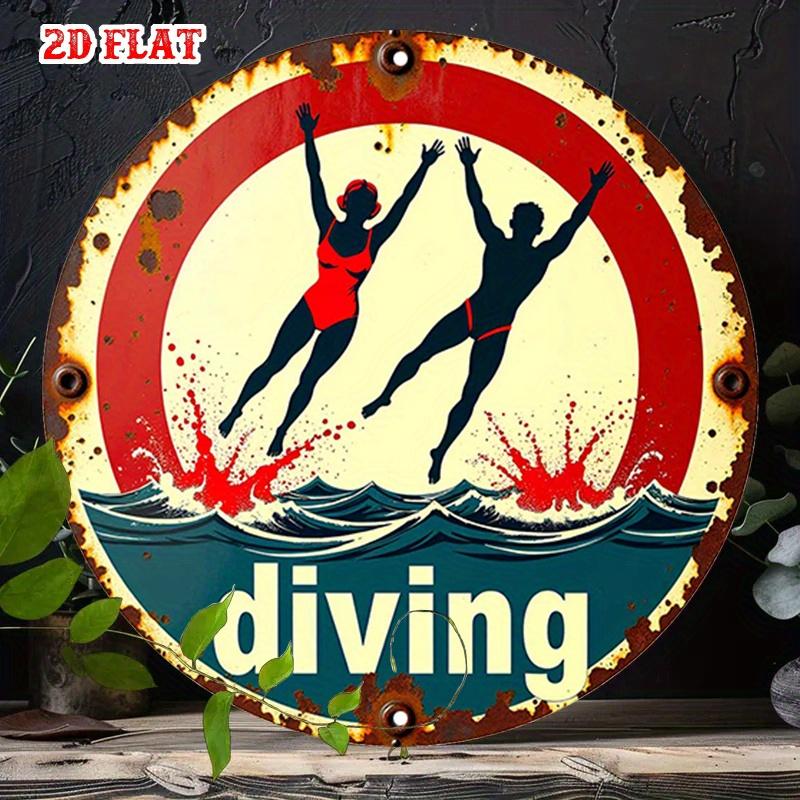 D Flat Round Aluminum Sign with a Diving Theme Featuring a Retro Design This Rustic Metal Wall Art Is Perfect for Sports