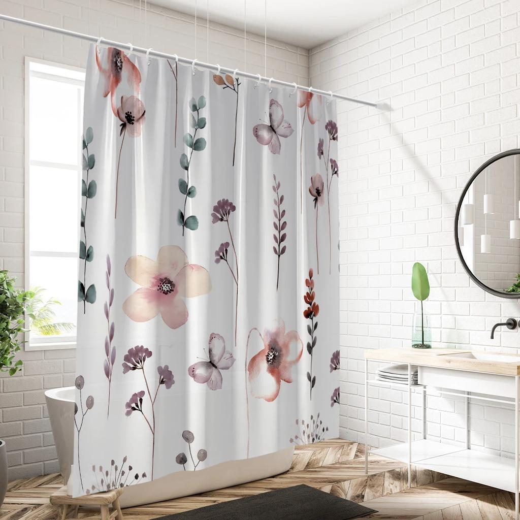 1 Piece Of 180X180Cm Pink Ink Floral Digital Printing Shower Curtain Partition, Bathroom Waterproof And Mold Resistant