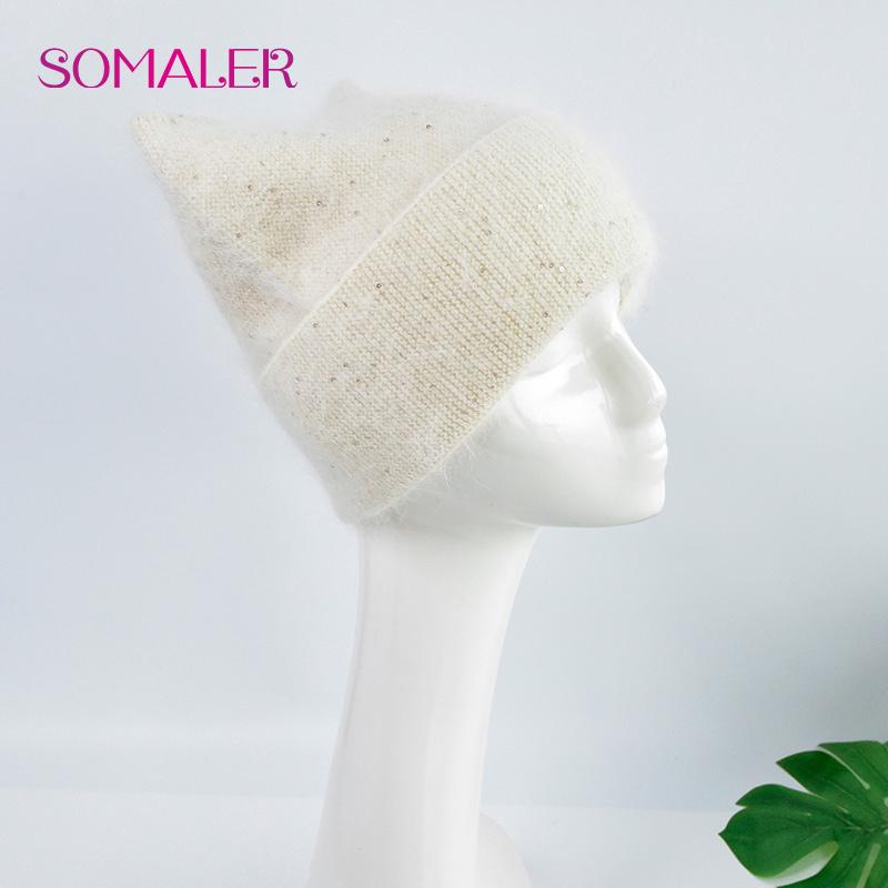SOMALER Women's Autumn Winter Angora Knit Warm Hat with Brim and Sequin Decoration Cute Cat Design Beanie 54-58cm