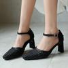 RLN French Woven Hollow Bag Head Sandals  Summer Thick Heel T-strap Roman Shoes