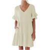 Women's Casual Short Sleeve Down Dress Summer Ruffle Pocket Elastic Waist A-Line Swing  Dresses