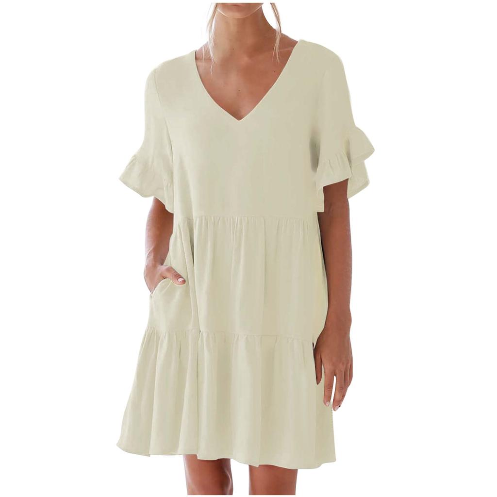 Women's Casual Short Sleeve Down Dress Summer Ruffle Pocket Elastic Waist A-Line Swing Dresses