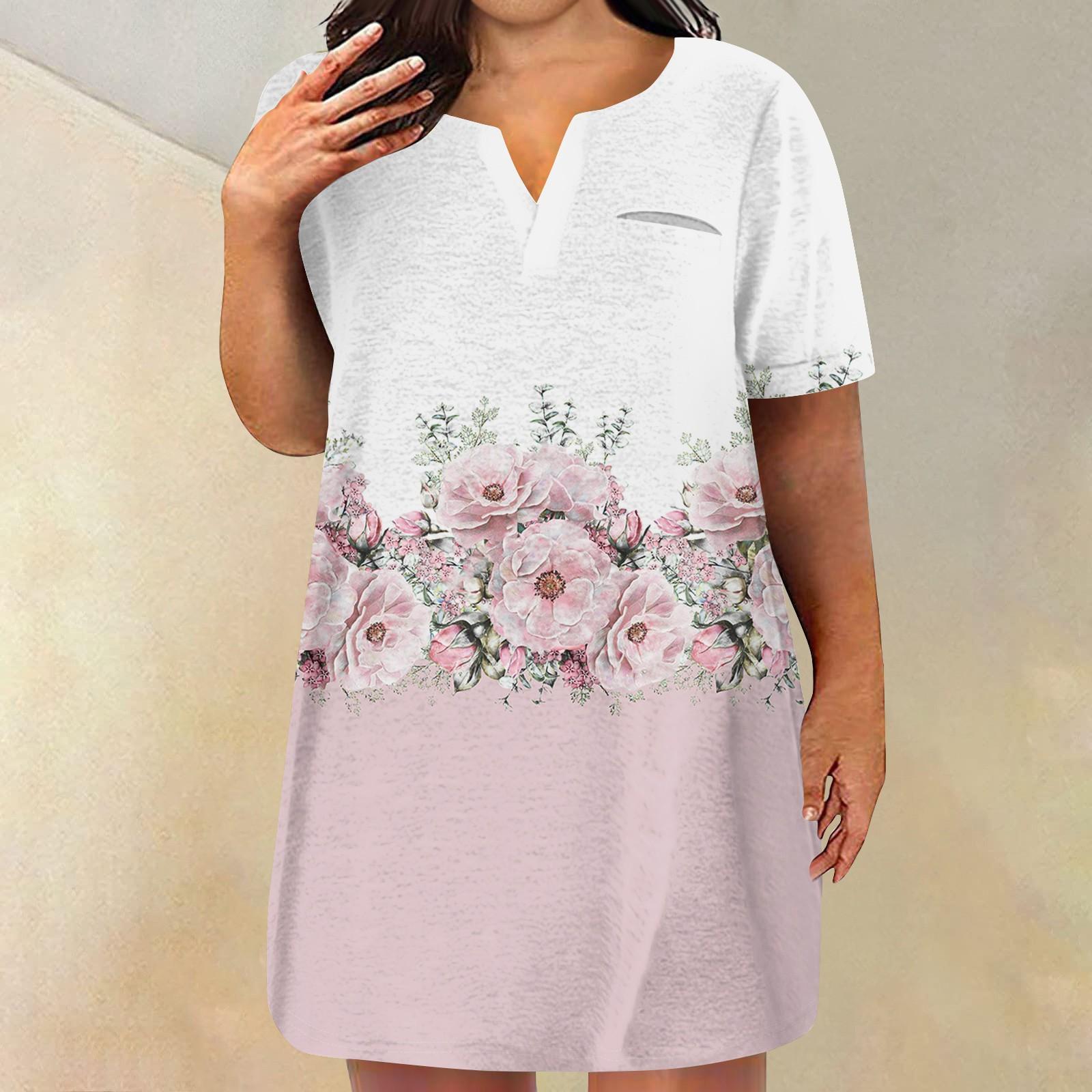 

Женские платья больших размеров с V-образным вырезом и коротким рукавом, летнее повседневное однотонное платье-туника с карманом XXL розовый