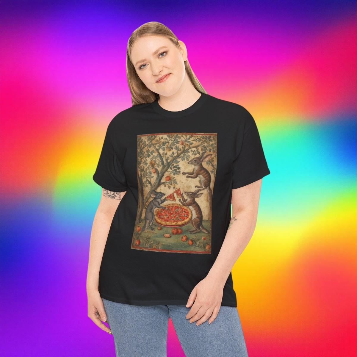 Medieval Fox and Raven Eating Pizza Pie Illustration Tee | Vintage Folktale Art S