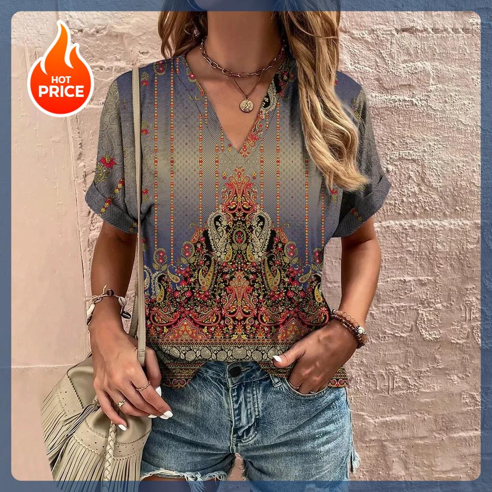 Vintage V-Neck Women's T-Shirt Summer Short Sleeve Tee Casual Harajuku Stripe Print T Shirt for Women Streetwear Pullover Tops