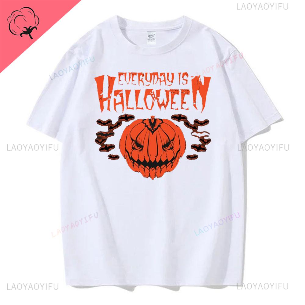 Women Ghost Pumpkin Bat Print Round Neck Pullovers Funny Halloween Costume Cotton Shirt Graphic T Shirts Y2k Top Harajuku Tops
