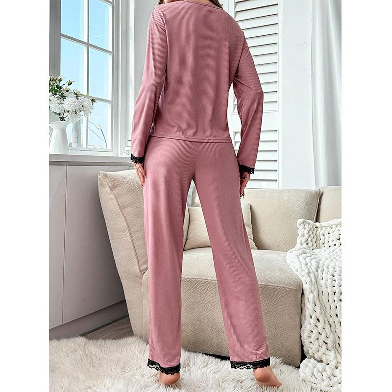 European and American pajamas women's four seasons new trousers long-sleeved princess style lace solid color loungewear set