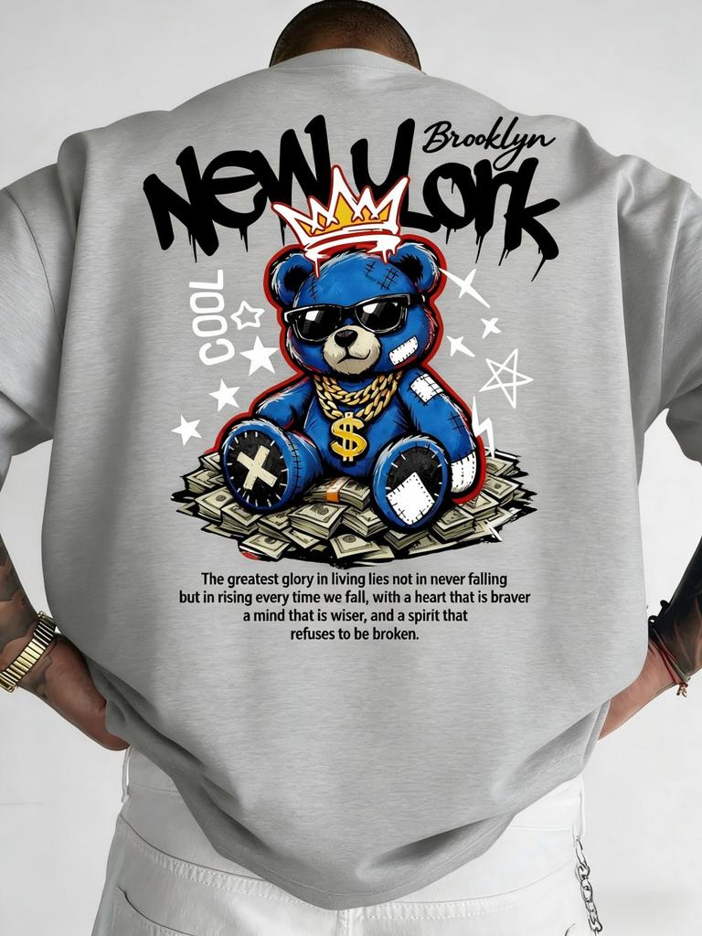American Unisexs new summer Cool Bear Letter wealth print micro elastic breathable round neck Tshirt outdoor street style top