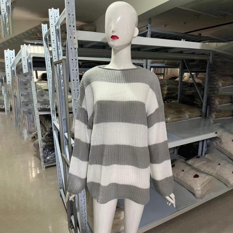 Vintage Women O-Neck Pullover Sweater Loose Long Sleeve Striped Blocking Color Knitted Knitwear Autumn Winter Top