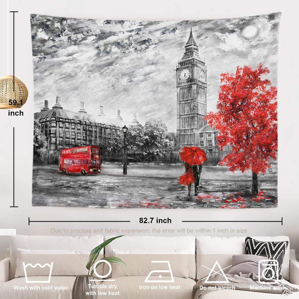 Black and White England Landmark Picnic Mat Hippie Trippy Tapestry Wall Art Meditation Decor for Bedroom Living Room Dorm, Red