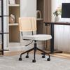 Vintage Rattan Office Chair with Wheels - Adjustable Swivel Desk Chair with Chenille Fabric Seat & Wooden Frame for Home Office, Living Room (Ivory)