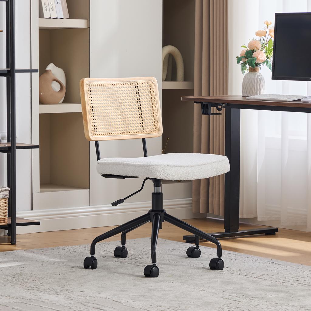 Vintage Rattan Office Chair with Wheels - Adjustable Swivel Desk Chair with Chenille Fabric Seat & Wooden Frame for Home Office, Living Room (Ivory)