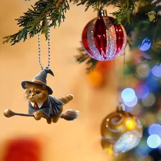 Cat Car Rearview Mirror Charm 2D Flat Acrylic Pendant Eye-Catching Christmas Tree Hanging Ornament Car Interior Decor for Home Window Bag