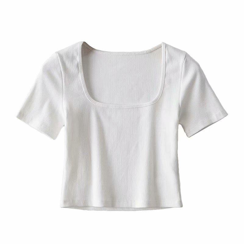 

Women s European & American Style Crop Top: Generous Neckline, Tight Short Sleeves, Elastic, Sports Fitness Base Layer T-Shirt. Medium