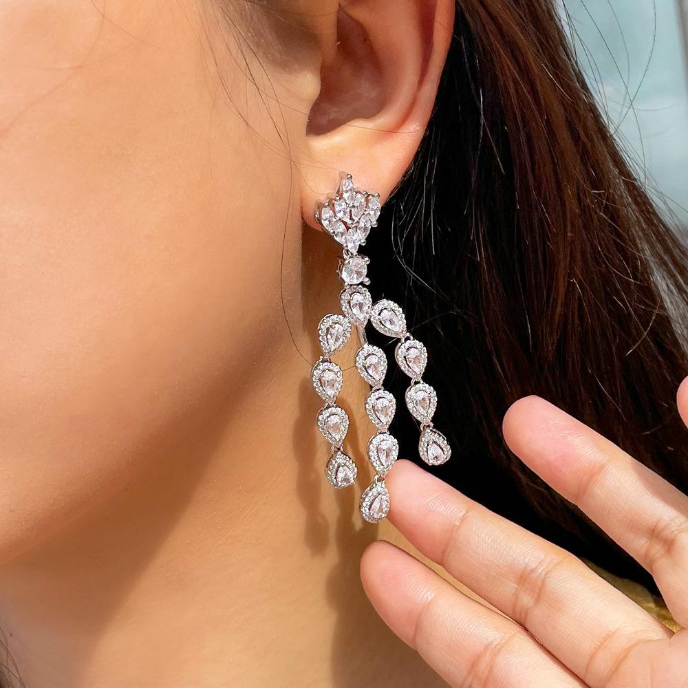Popular Full Diamond Inlaid Zircon Long Tassel Water Drop Earrings Wedding Jewelry Earrings Earrings
