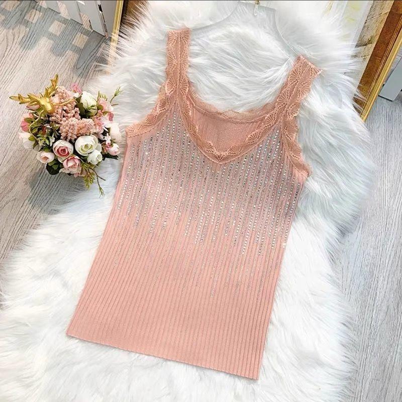 Summer New Lace Rhinestone Camisole Vest Women's Knitted Base Top
