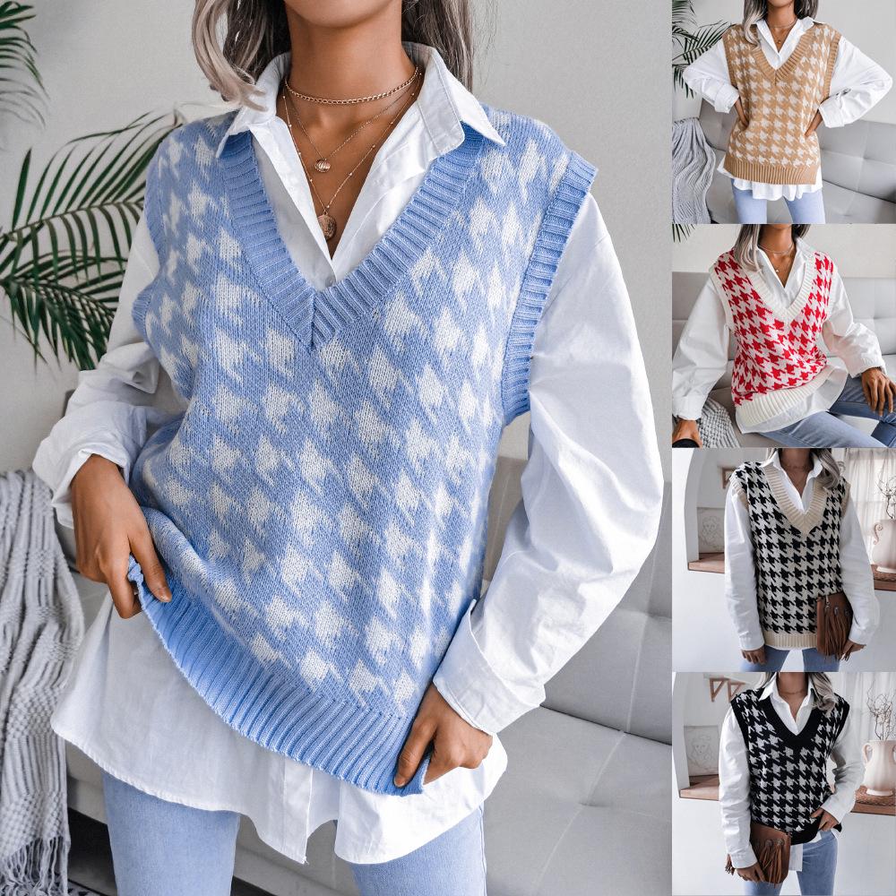 Clearance 2023 Autumn/Winter European-American V-neck Houndstooth Casual Loose Knit Vest Sweater Waistcoat.