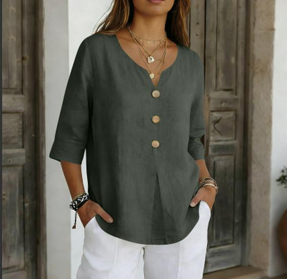 2026 Cotton Linen Three-Quarter Sleeve Button-Down Casual Loose Top Solid Color Shirt