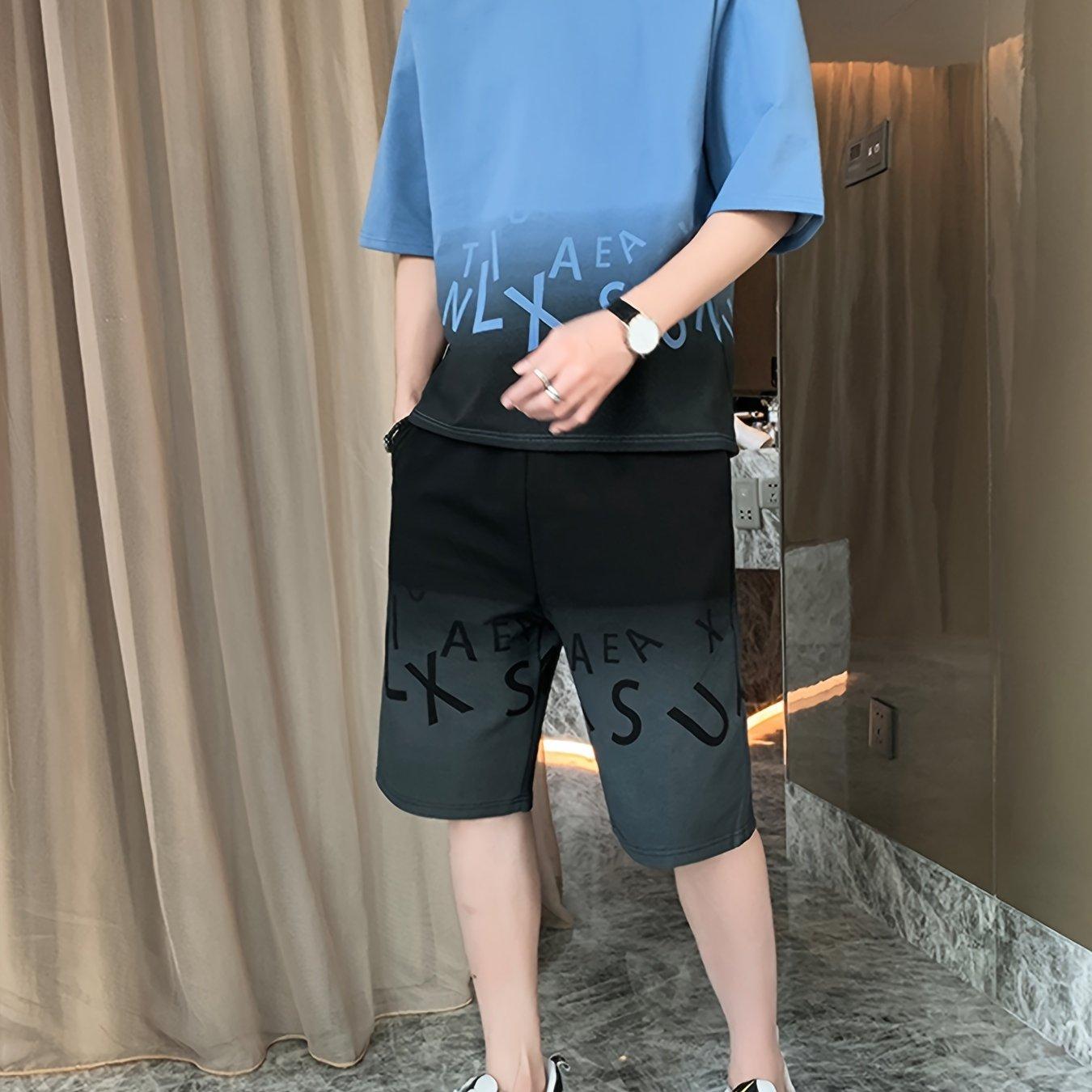 

Мужской стильный комплект летней одежды с градиентом, состоящий из 2 предметов, мужская футболка с коротким рукавом и шорты с карманами 6XL