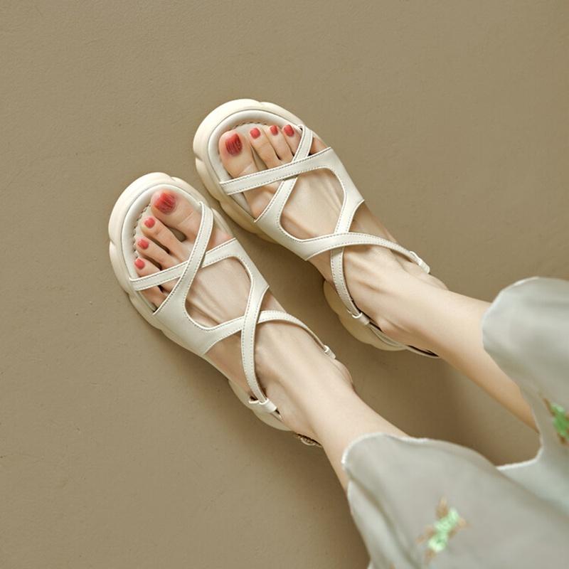 Fashion NEW Summer Women Sandals Round Toe Thick Heel Shoes Split Leather Shoes for Women Narrow Band Handmade Shoes Platform Sandals