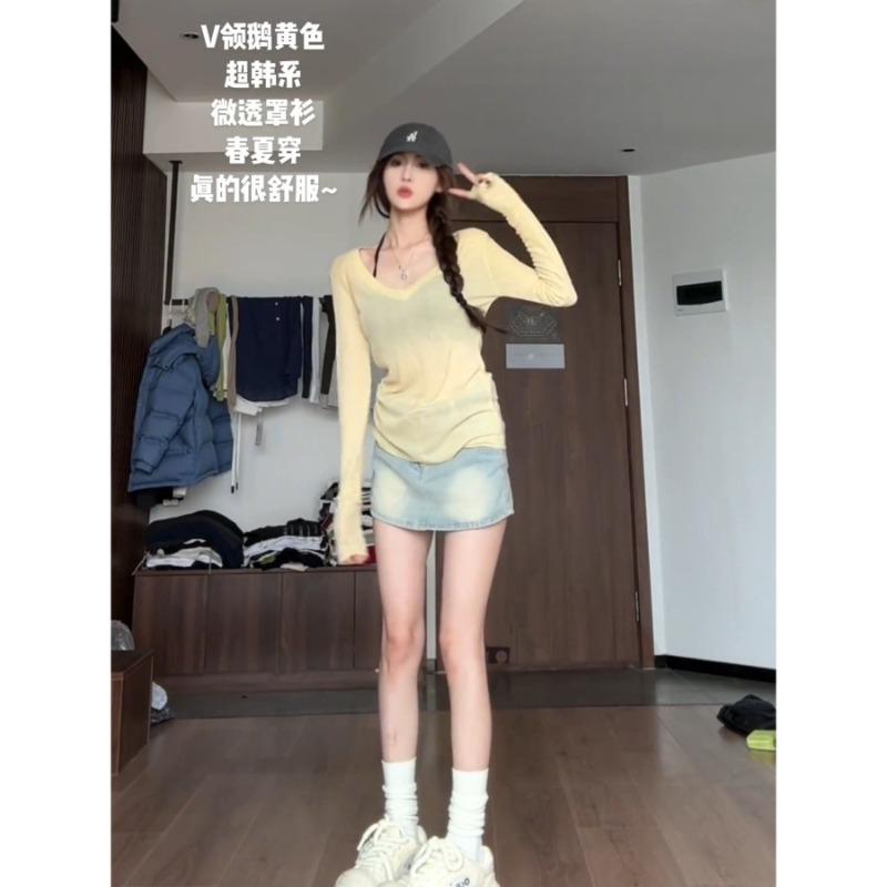 Neck bright yellow slim-fitting and thin bottoming shirt women's spring thin slightly transparent basic long-sleeved shirt top