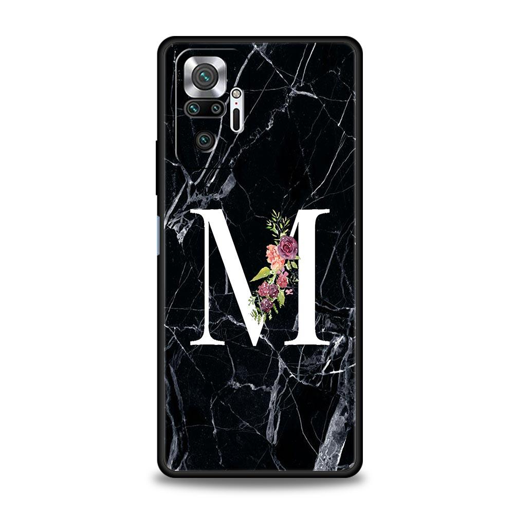 Letters Flower English Marble Phone Case For Xiaomi Redmi Note 14 13 5G 10 11 12 Pro Plus 4G 14C 13C 12C 10C Black Cover