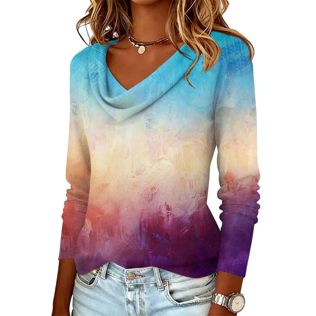 Damen lässiges Mode-Pulloveroberteil mit Langarm, kreuzgefärbt und bedruckt